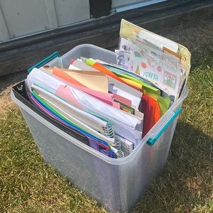 Box full of new unopened some used scrapbooking and paper